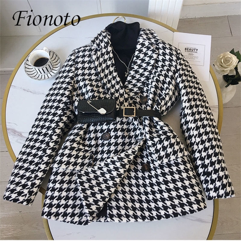 Fionoto Winter Women's Veste Version coréenne avec sac de taille Houndstooth Manteau de laine Costume épais et lâche Vêtements Femmes LJ201106