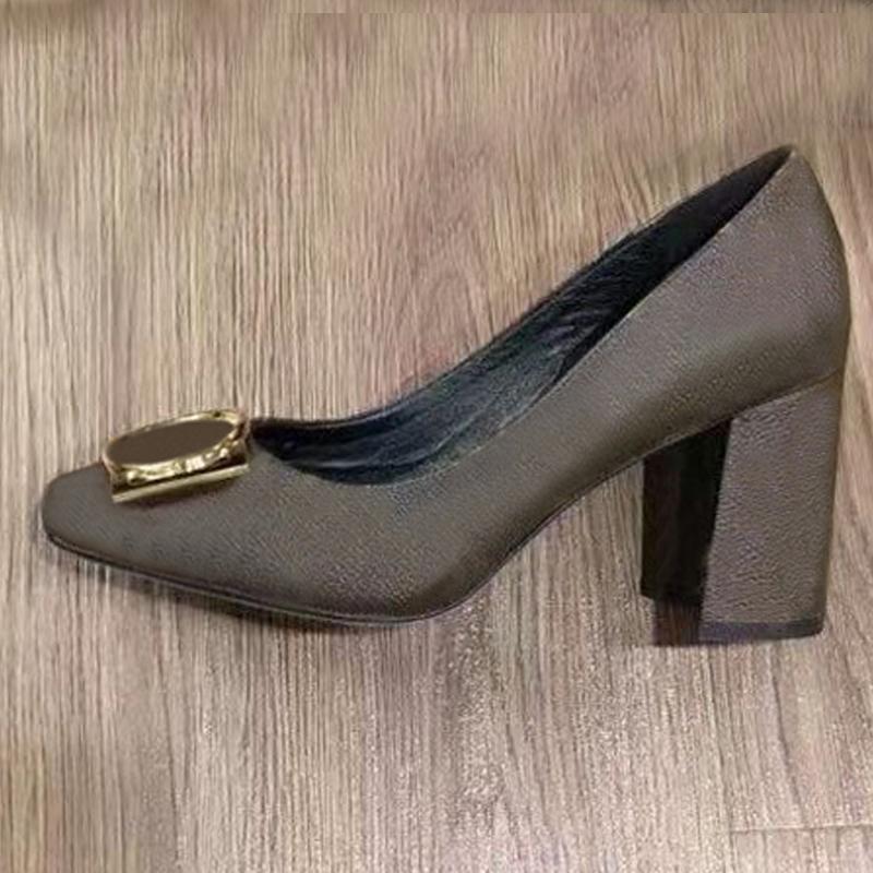 

Classic Designer Dress shoes leather Thick heel high heels 100% cowhide Round head Square metal buckle women High heeled boat shoe Large size 34-41-42 us4-us11 With box, Apricot[5.5cm]