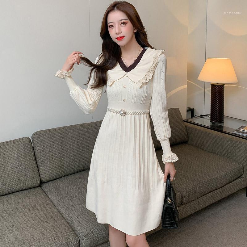 

Casual Dresses Women One Piece Korea Dress Autumn 2022 Office Lady French Style Knitting Long Sleeve Patchwork Solid Lace Black
