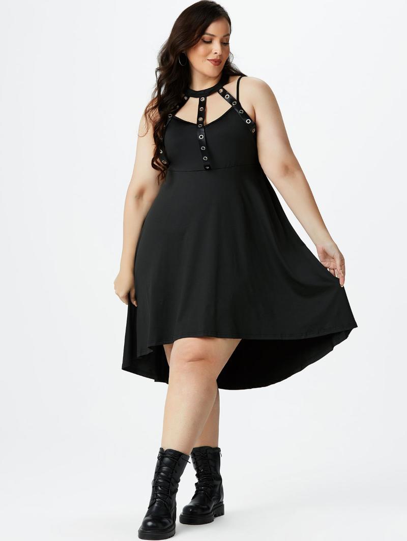 

Casual Dresses Gothic Harness Cutout High Low Dress Female Sexy Punk Midi Irregular Eyelet Sleeveless Party Summer Black 5XLCasual
