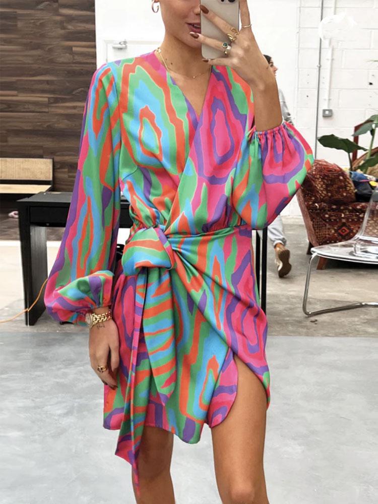 

Work Dresses Female Pattern Print Long Sleeve Dress Sexy V Neck High Waist Tie-up Party Elegant Summer Casual Ruffles Loose Beach DressWork, 02 orange