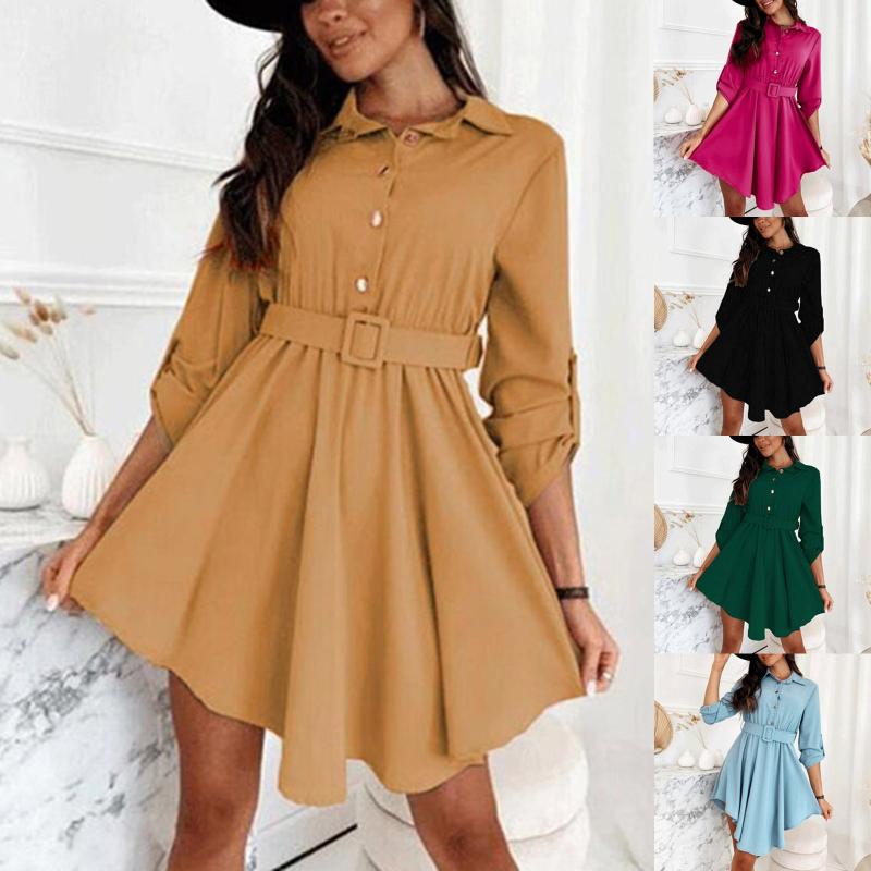 

Casual Dresses Women Long Sleeves Shirt Dress Ladies OL Work Belt Tie Button Down PartyCasual, Black