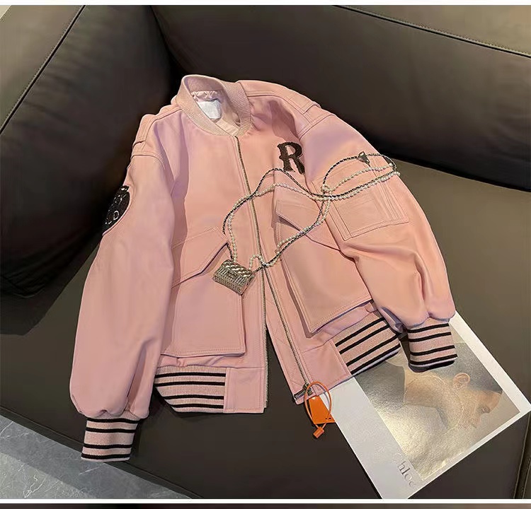 

W069 Pink Baseball Uniform Jacket Women 2021 Spring and Autumn New Loose Casual American Motorcycle Pu Leather Jackets for Women