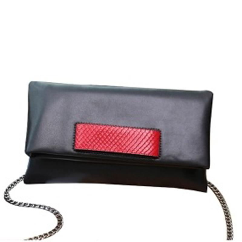 

Evening Bags Famous Design Genuine Leather Bag Women Clutch Female Cowhide Handbag Shoulder Envelope BagEvening, Black with red