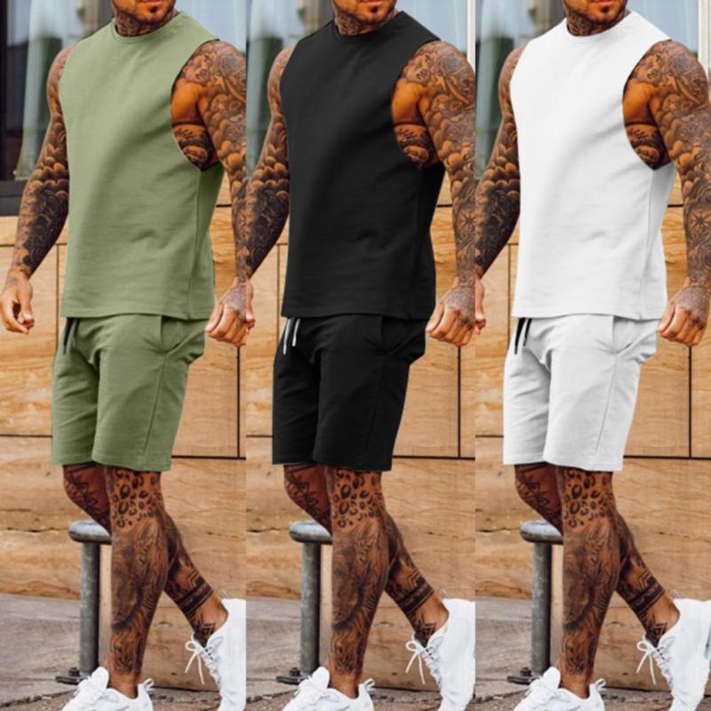 

Men's Tracksuits Pcs/Set Men's Tracksuit Gym Fitness Sets Comfortable Sleeveless T Shirt Top Fifth Shorts Men Sportswear Set Ropa Hombre, Army green