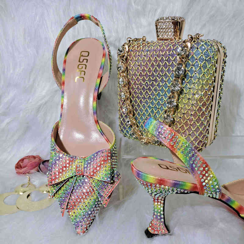 

Shoulder Bags 2022 New Fashion Decoration Style Rainbow Glass Heel Friends Party Shoes Ladies and Bag for 220615, Wine