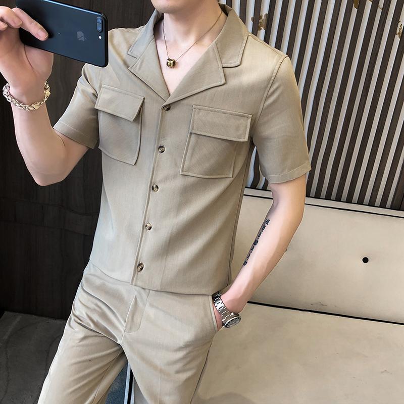 

Men's Tracksuits Mens Summer Shirt 2pc Set & Pant Khaki Black Small Stripe Men Pocket Shirts V Shirt+pant Heren Kleding