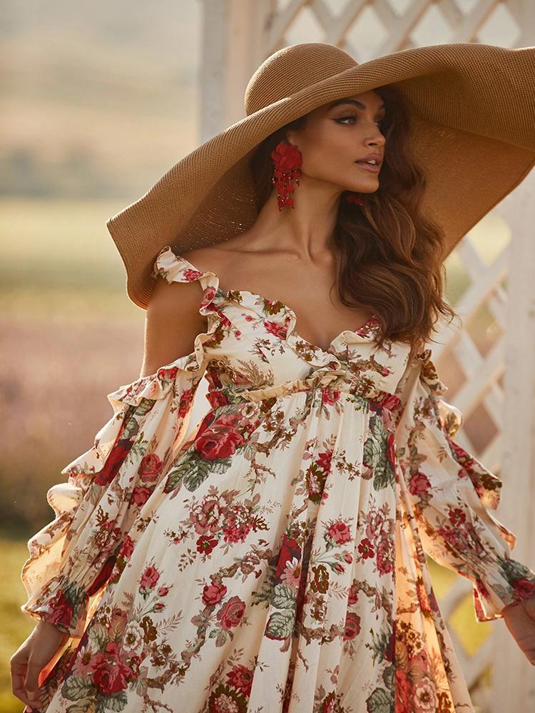 

Casual Dresses Summer Women'S Dress V-neck Suspenders Halter Ruffle Long-sleeved Resort Beige Printed Peony DressCasual, Mixed color