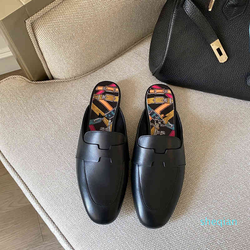 

Designer Fashion Leather Flat Bottomed Slippers Wear Heel Printed Half Support, Black