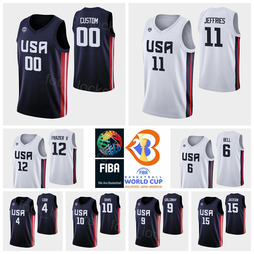 

Printed 2023 FIBA World Cup Basketball US 8 George King Jersey 7 Cody Demps 12 Michael Frazier II 11 DaQuan Jeffries 6 Bell 14 Eric Mika 10 William Davis Navy Blue White