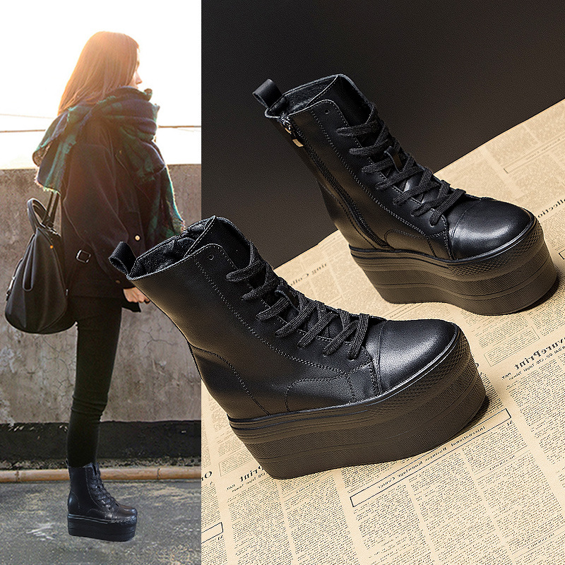 

Genuine Leather 10cm Hidden Heel Boots Shoes Zipper Winter Boots Ankle Warm Booties Super Thick Sole Platform Wedge, Black no plush