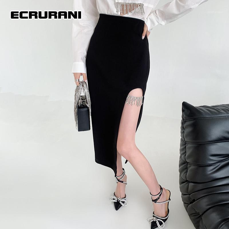 

Sexy Patchwork Tassel Skirt For Women High Waist Slim Asymmetrical Side Split Midi Skirts Female Clothing 2022 Fashion, Black