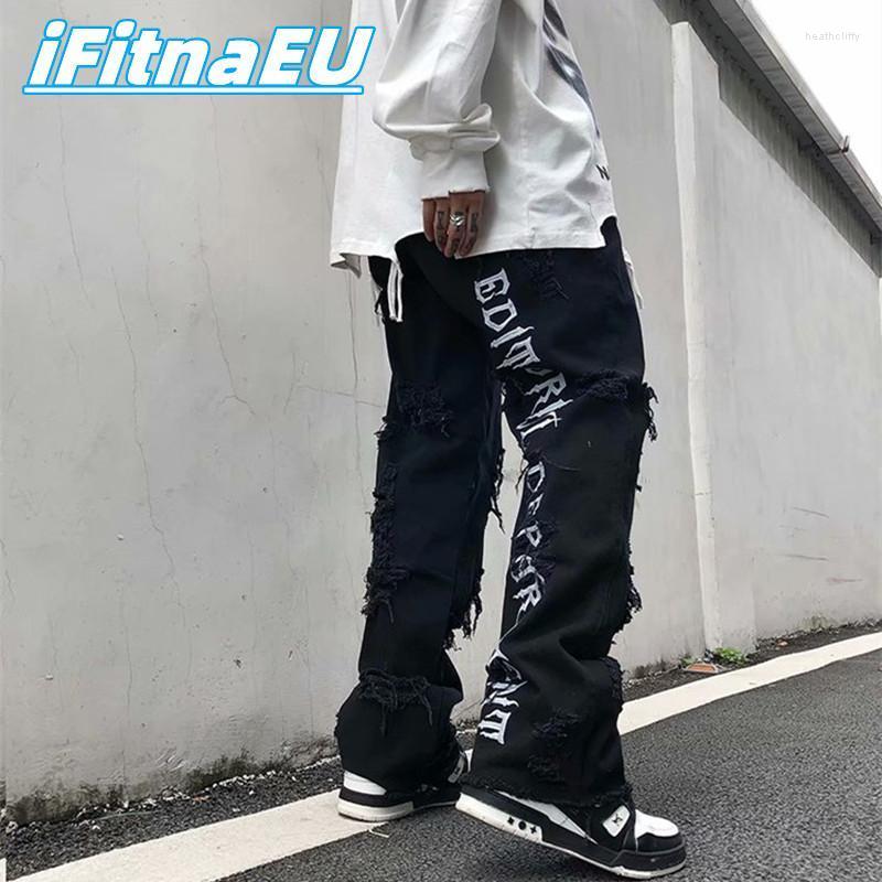 

Men's Jeans Ripped Hip Hop Man Pants 2022 Trends Clothes Letter Y2k Print Men's Streetwear Women's Flare Goth Harajuku Baggy Trendyo, Black