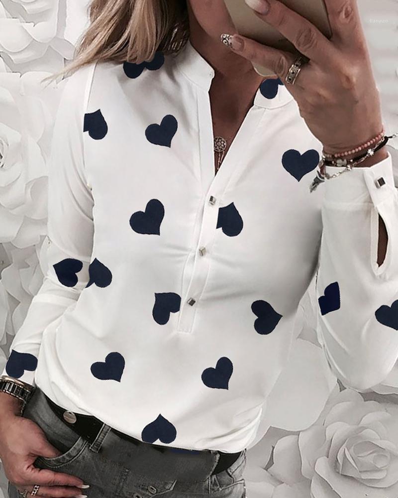 

Women' Blouses & Shirts Lady Shirt Workwear OL Blouse Heart Print Buttoned Casual Women Tops, Ivory