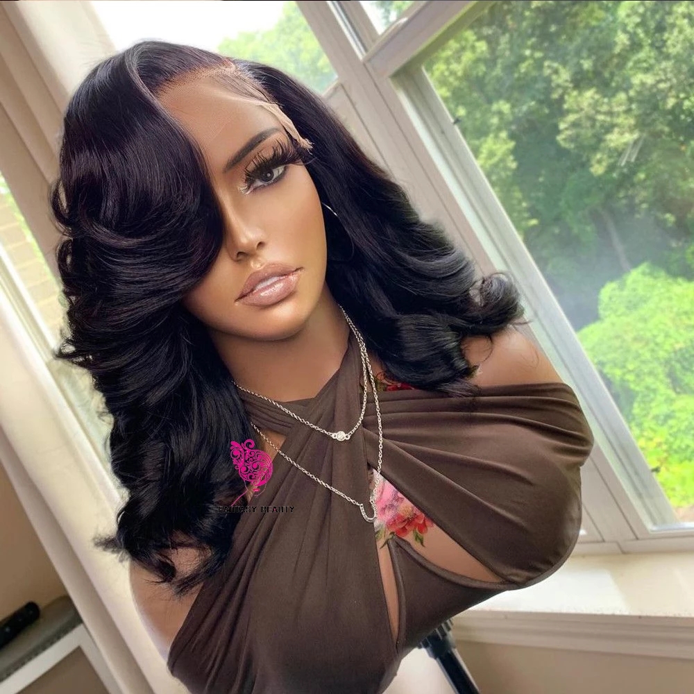 

Short Natural Looking Wave Bob Wig Heat Resistant Fiber Lace Front Wig Black Wavy Synthetic Frontal Wigs 180% Full Density, 1b color headband wig
