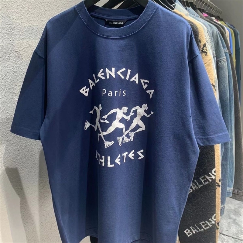 

Designer Balenciga Mens Shirts High version Paris classic pop neckline destroyer marathon printed short sleeve Unisex T-shirt, Blue