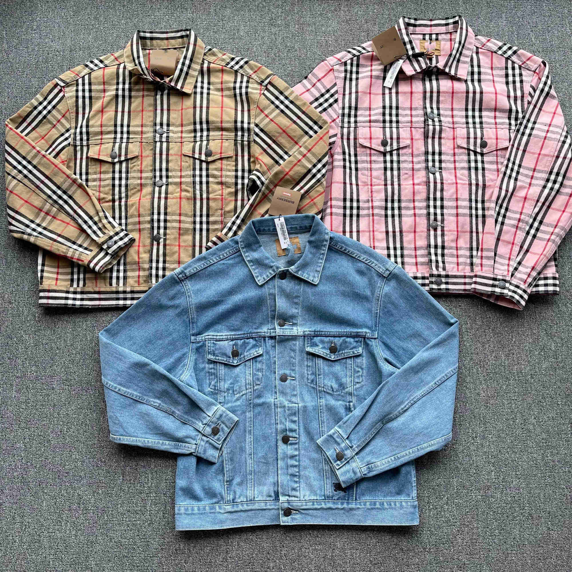 

Men' Jackets 22ss denim Trucker Jacket denim wash jacket Plaid co branded embroidered jacket, Pink plaid jacket