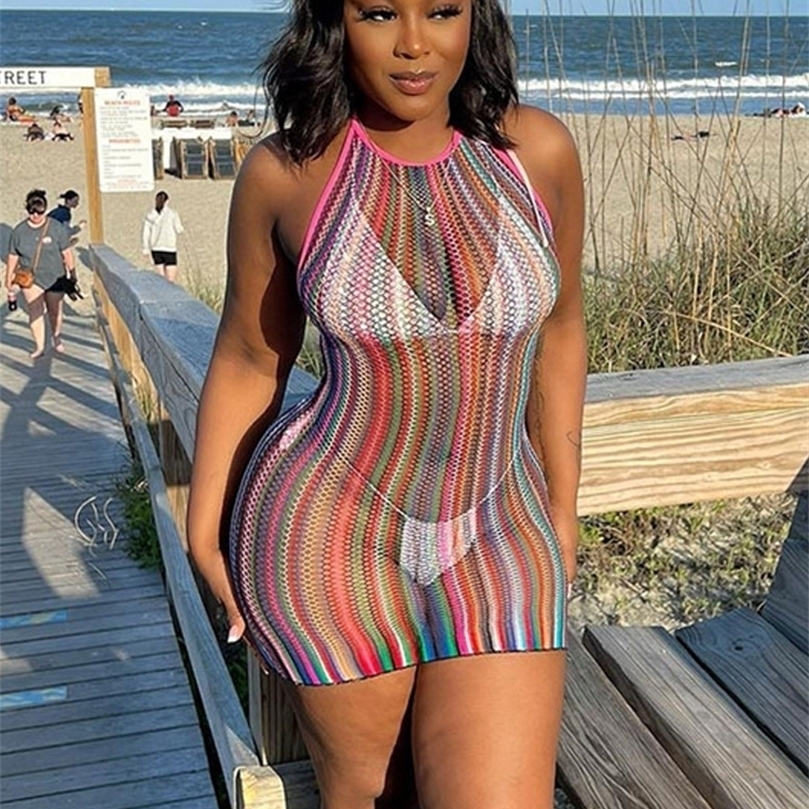 Maille multicolore voir à travers la plage mini robe femmes été sexy licou à lacets sans manches dos nu moulante jupe de hanche vacances 220616