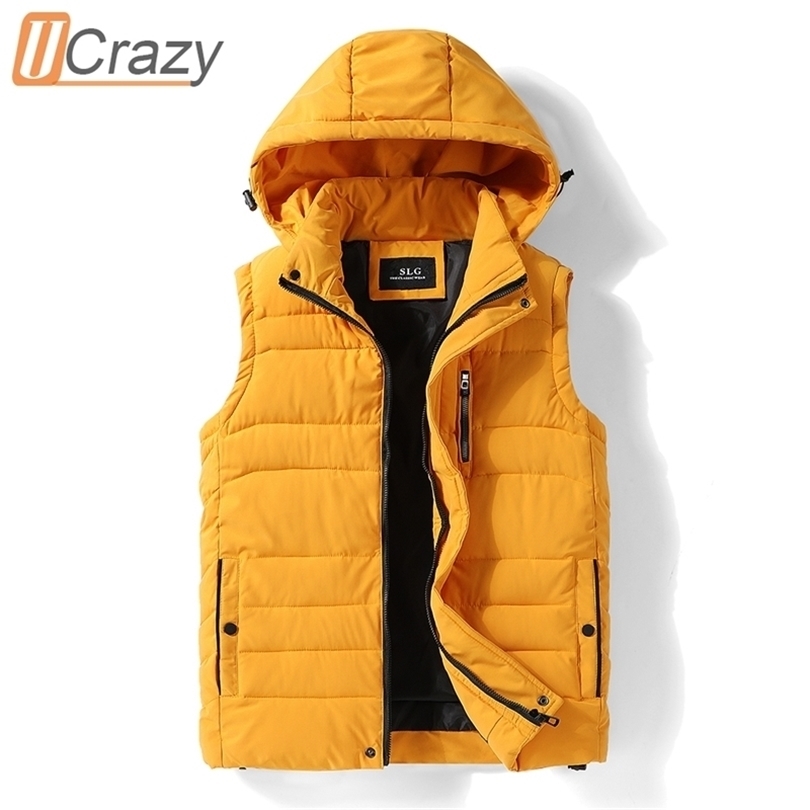 

Men Autumn New Thick Hooded Sleeveless Vest Jacket WaistCoat Men Winter Fashion Casual Warm CottonPadded Vests Waistcoat 201120, Yellow