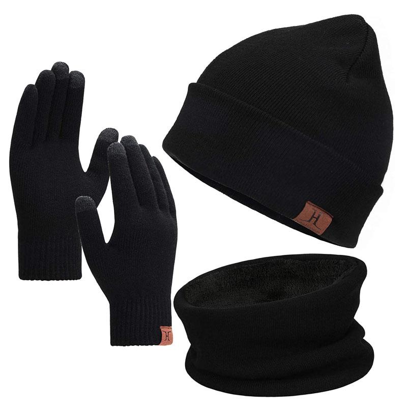 

Berets Winter Beanie Gloves Neck Warm Set Scarf Touch Screen Glove For Men Women With Knitted Wool Lining Hat BalaclavaBerets, Black