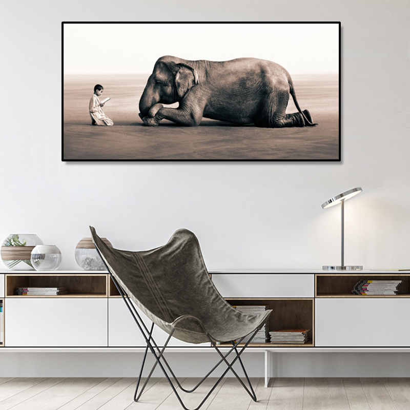

Reader Little boy and listener Elephant Posters and Prints Wall Art Canvas Painting Zen Pictures for Living Room Decor No Frame