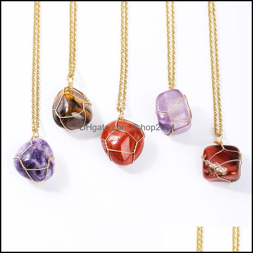 

Pendant Necklaces Irregar Round Natural Stone Necklace Amethyst Lapis Rose Quartz Crystal Gold Wrap Wire Healing For Women Ffshop2001 Dhqae