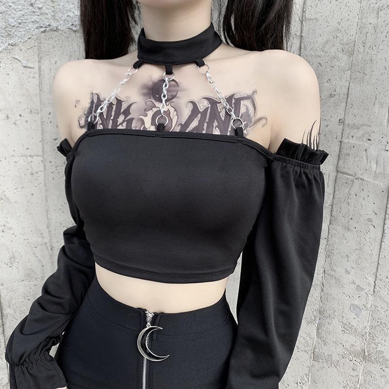 

Black Goth Women Blouse 2022 Autumn Lady Metal Chains Halter Slash Neck Ruffles Punk Blouses Short-length Long-sleeve Rock Top Women' & Shi