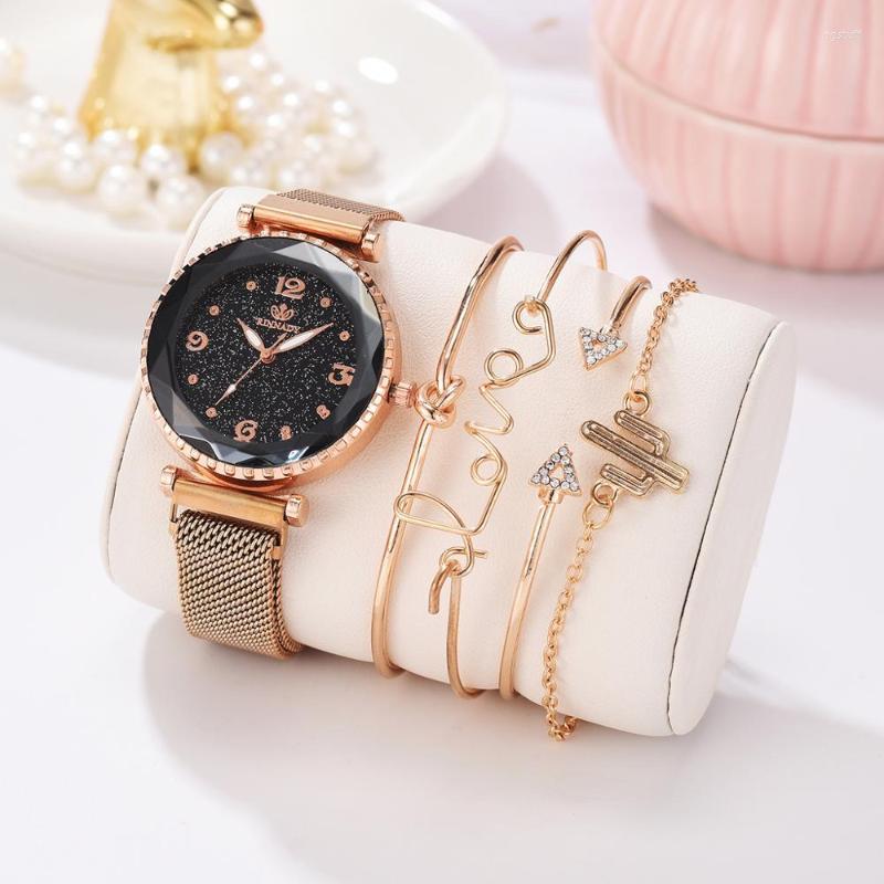 

Wristwatches 5pc/set Women Watches Starry Sky Magnet Watch Buckle Fashion Casual Female Wristwatch Roman Numeral Simple, Blue 1 watch