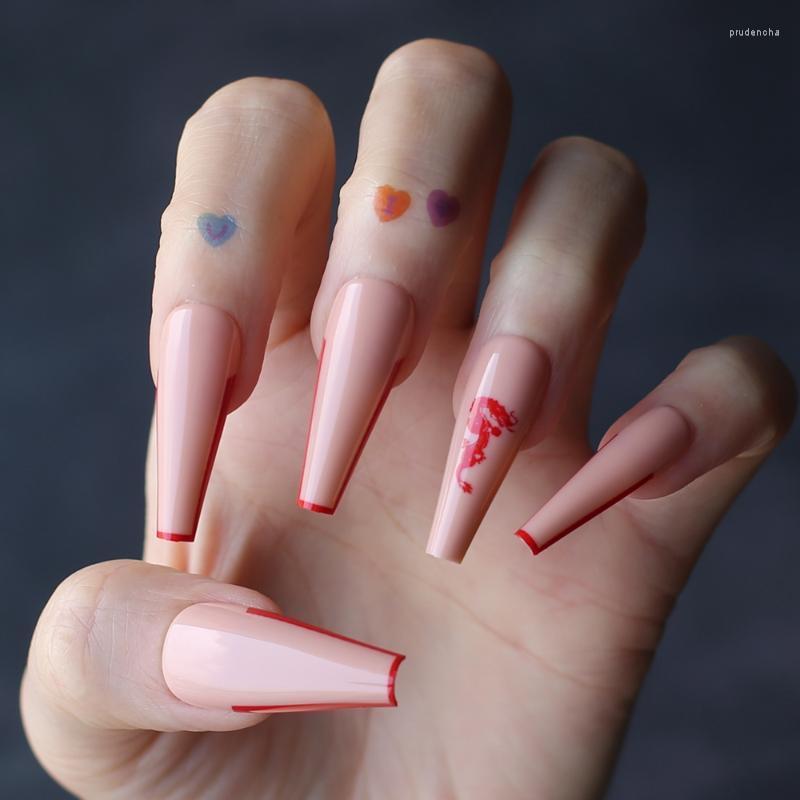

False Nails 24pcs Shiny Coffin Red Dragon Extra Long Fake Nude French Tip Delicate Outline Gel Artificial Supplier Prud22, 104-f-702g