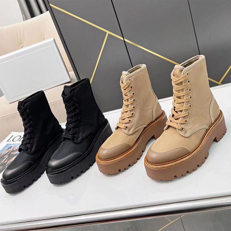 2022 Designers mi-mollet bottes à lacets femmes noir grosse plate-forme bottes en cuir de luxe bottes en nylon tête ronde botte de combat avec la