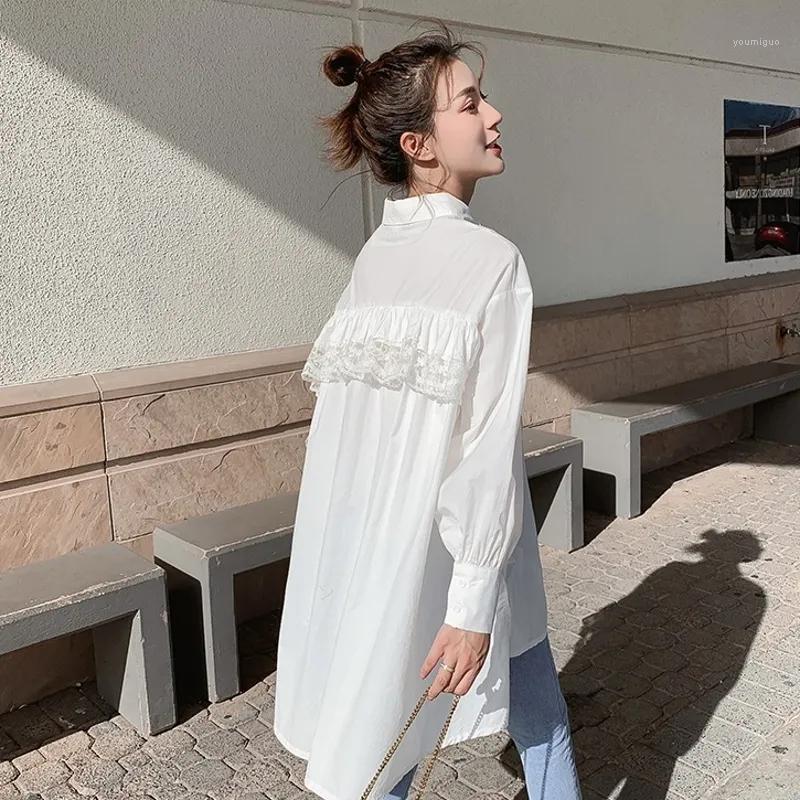 

Women' Blouses & Shirts 2022 Spring Korea Style Button Full Sleeve Chiffon Women Tunic Shirt Blouse Plus Size Solid Ladies Long Lace Female, Random color