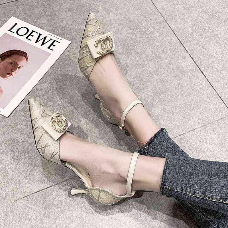

Fashionable pearl metal buckle spring summer 2021 new thin heel pointed high-heeled shoes Women's Pumps High heels Sandals G220425, Xxf-blue