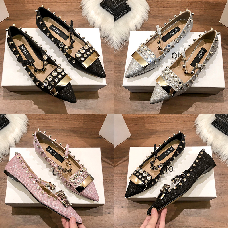 

Fashion Rossi Women Dress Shoes SR1 Satin Glitter Crystal Studs Embellished Ballet Flats Heels with box Designer Womens Sandals Luxury Ladies Wedding Party Sandal, Shoes box