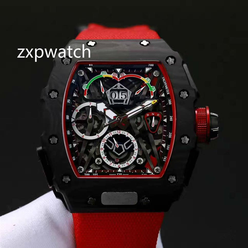 

Luxry New 50-03 watch McLaren F1 Skeleton Dial Automatic Mechanical 50-03 Mens Watch Black Carbon Fiber Case Rubber nylon Strap Wa205F, Red rubber
