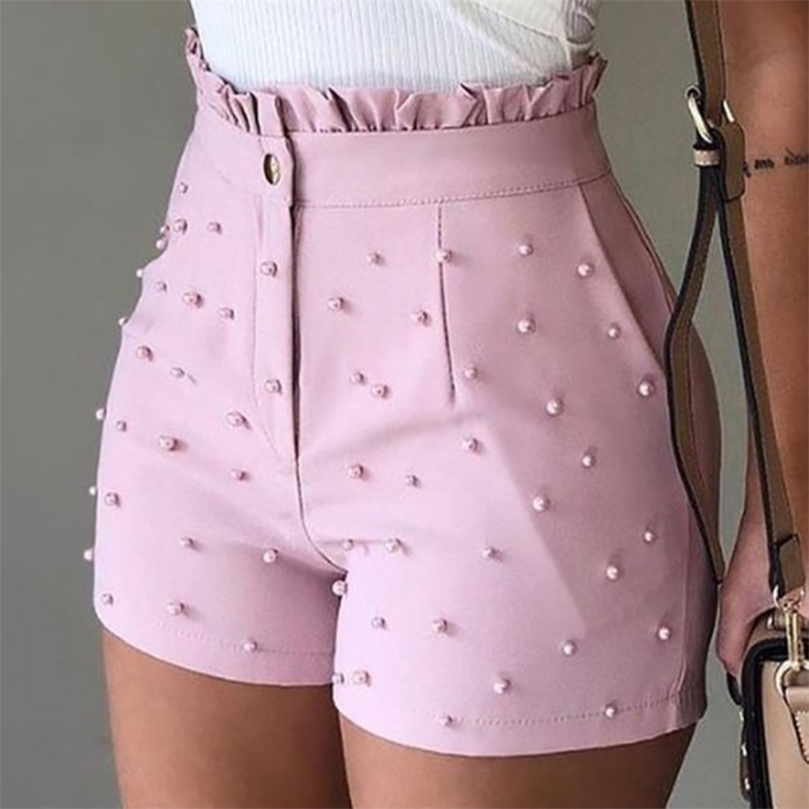 

Fashion Solid Color High Waist Button Ruffled Beaded Summer Women Shorts 2220704, Pink