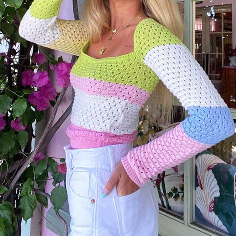 

Women' Sweaters Fashion Sexy Women Pullover Long Sleeve Crew Neck Striped Patchwork Slim Knit Tops Autumn Winter Casual KnitwearWomen, As pic