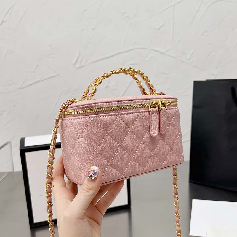 

litchi stria Cosmetic Bags Solid Women Handbag Chains Crossbody Bags Genuine Leather Thread Diamond Lattice Letter Metal Handle Dressing Case Top Quality Zipper, Grey