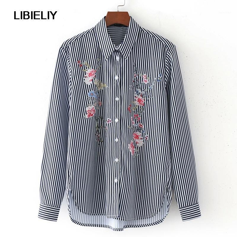 

Women' Blouses & Shirts Floral Embroidery Turn-down Collar Loose Blouse Women Nice Summer Fashion Black-And-White Striped Long Sleeve Vinta, Bl62806