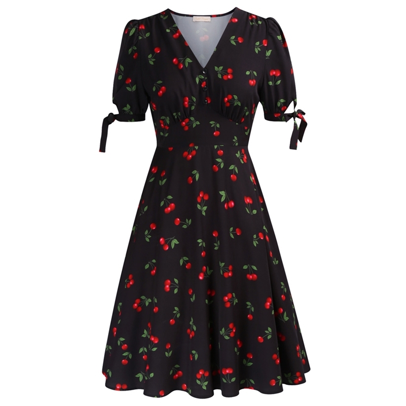 

Belle Poque Women' Summer Floral Cherry Print A Line Short Midi Dress Sleeve V-Neck Flared A-Line Sundress A30 220504