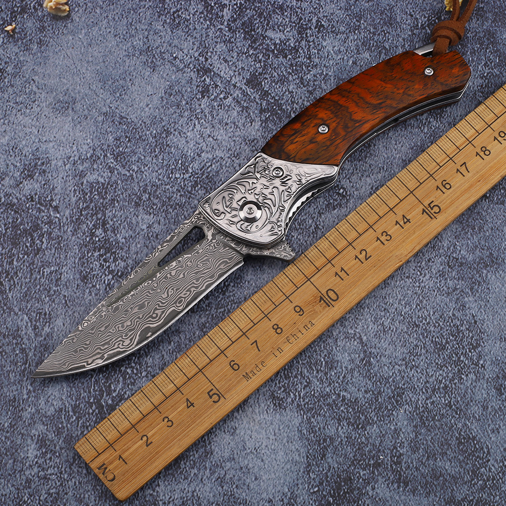

Dalbergia Wooden Handle VG10 Damascus Outdoor Survival Mountaineering Fishing Kitchen Fruit Knife EDC Tool