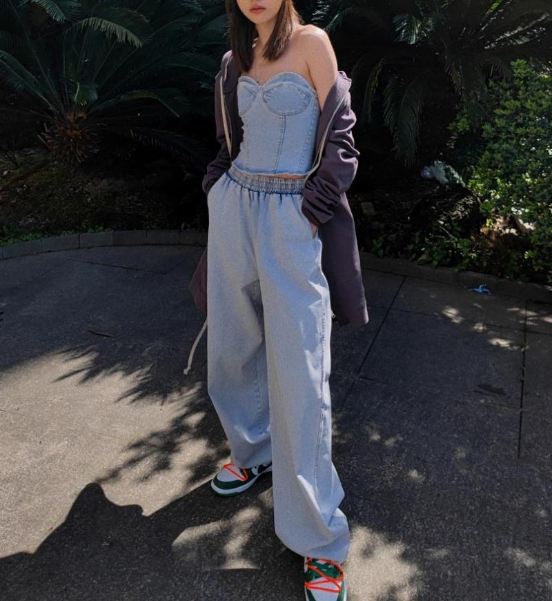 

Women' Two Piece Pants Two-piece Sexy Girl Fishbone Tube Top Vest Denim Loose Casual Wide-leg Trousers Suit FemaleWomen