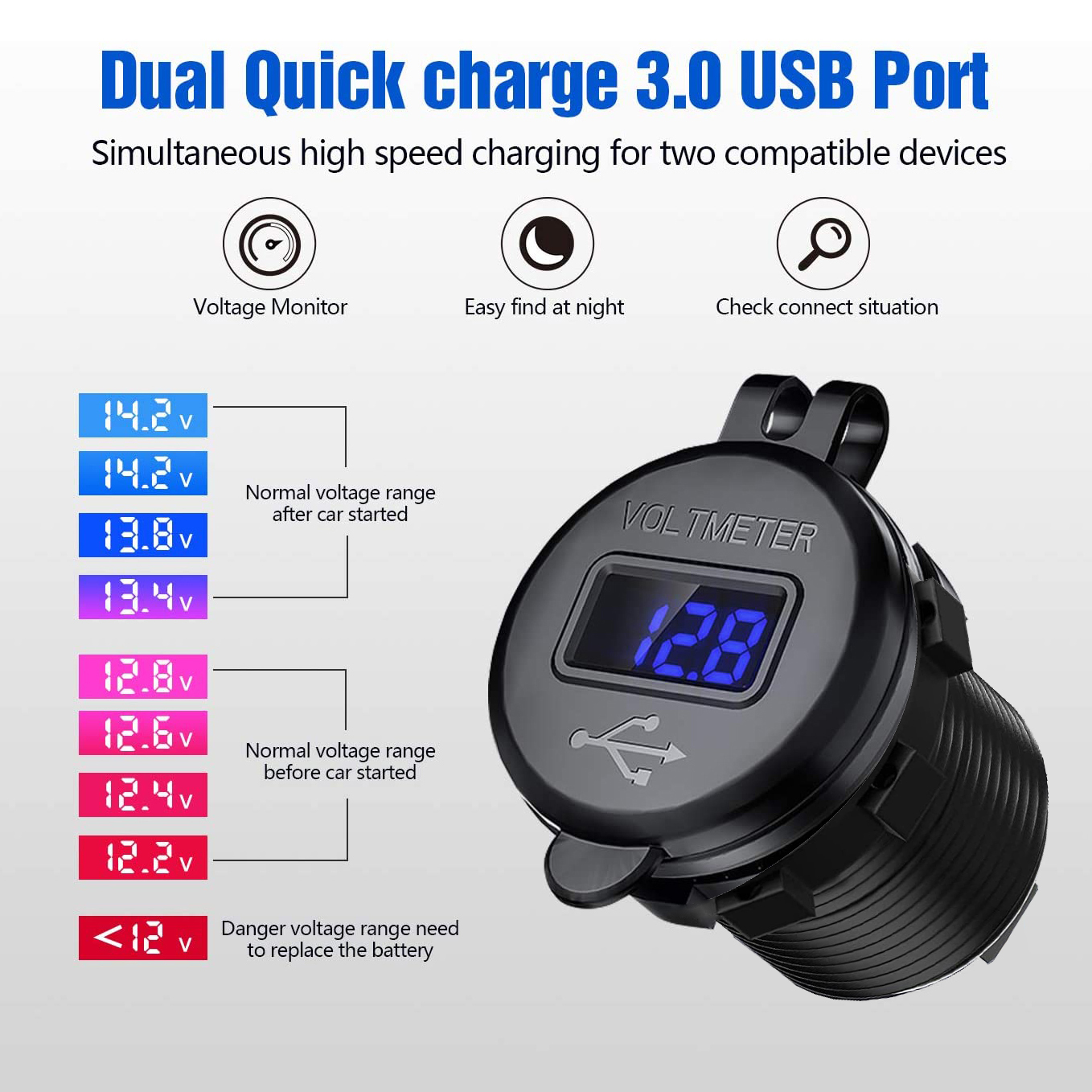

100pcs New Quick Charger Aluminum QC3.0 Dual USB Car Charger with Switch Button LED Voltage Display for 12V/24V Cars Boats Motorcycle