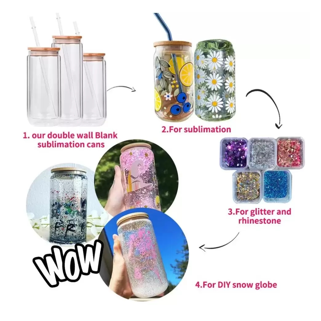 

New Arrival 12oz 16oz 20oz Sublimation Tumbler Double Wall Glass Can Glitter Blank Glass Mugs with Bamboo Lids Beer Juice Glasses Cup, Clear