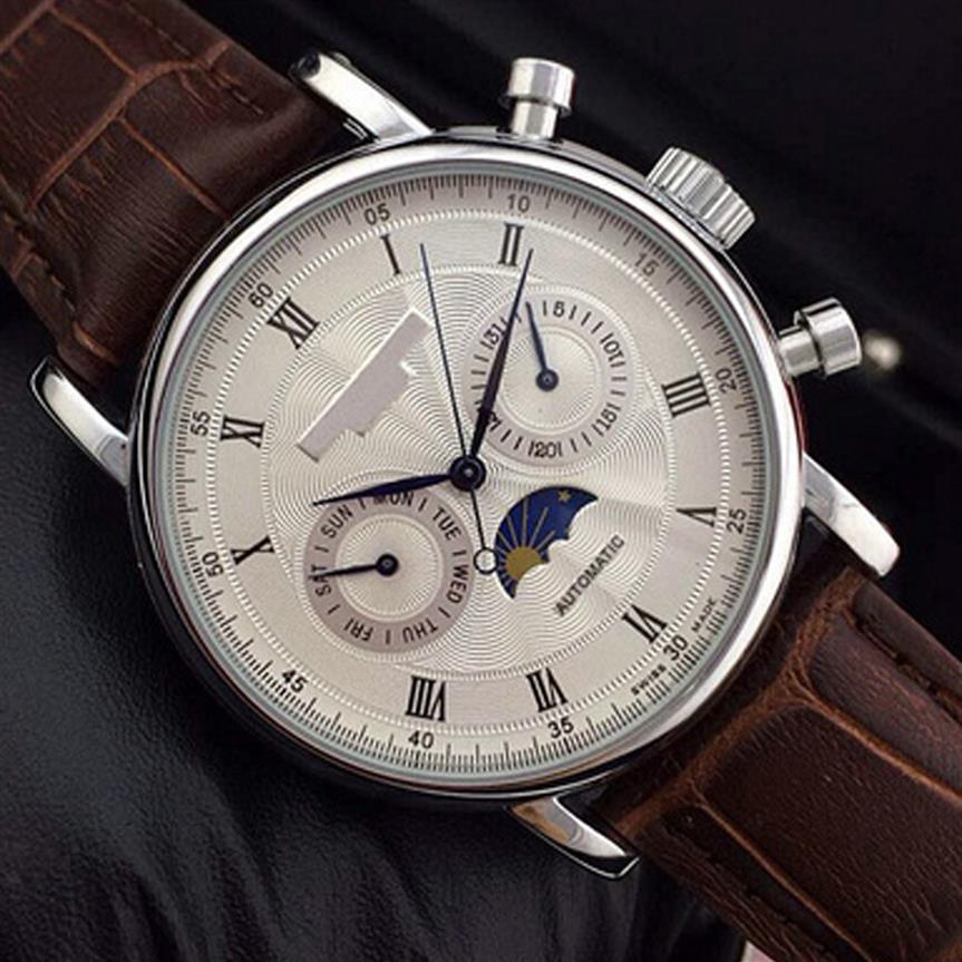 

New Men Brown Leather Fashion Mechanical Men's Stainless Steel Automatic Movement Watch Sports mens Watches Wristwatches keya296f