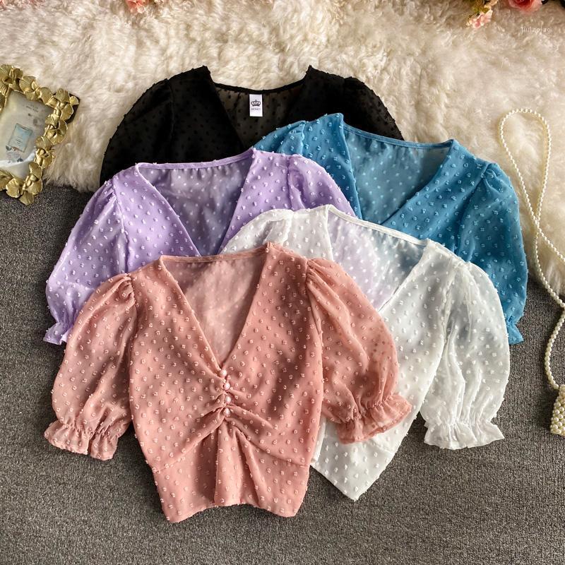 

Women's Blouses & Shirts Summer Folds V-neck Slim Short Top Female Sweet Polka Dot Puff Sleeve Chiffon Shirt Womens Tops And, Black