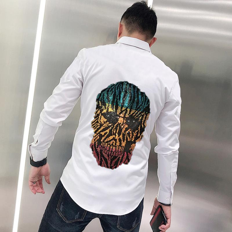 

Men's Casual Shirts Pure Color Diamond Skull Men's T-Shirt All-Match Simple Business Rhinestone Style Long-Sleeved OverallsMen's, As shown asian size