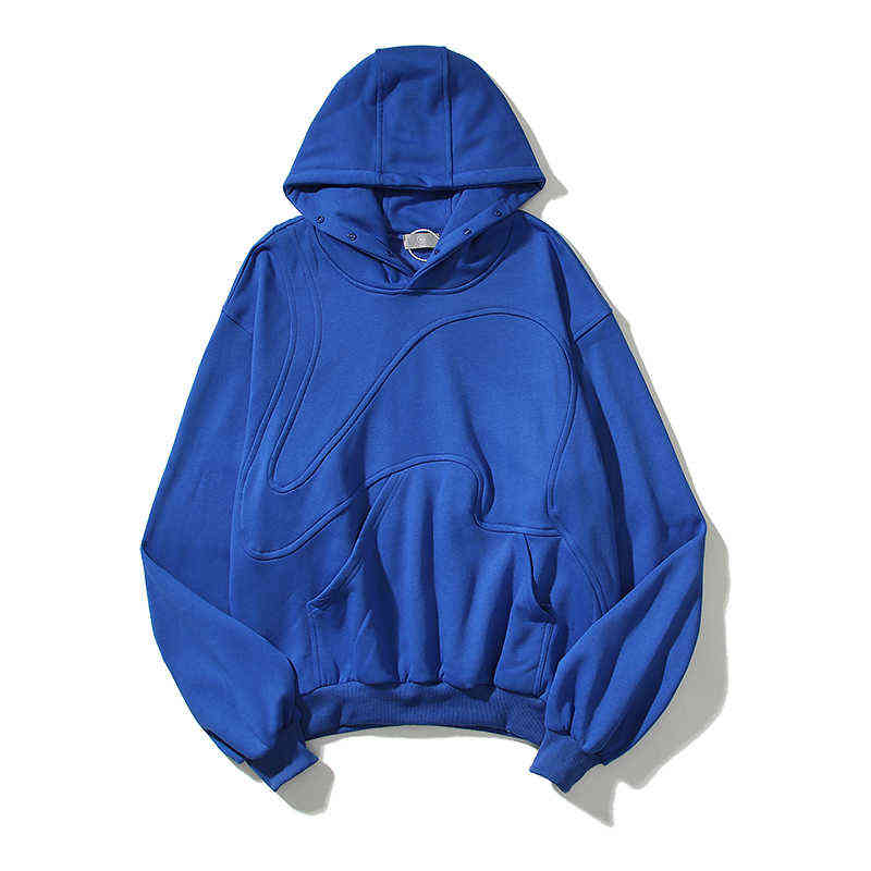 

High Street Retro Twisted Striped Button Hooded Sweatshirts Mens Solid Color Oversized Autumn and Winter Pullover Terry Hoodies T220726, Blue