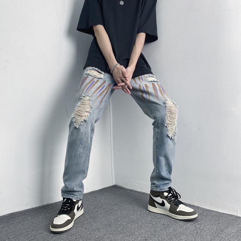 

Men's Jeans High Street Ripped Hole For Men 2022 Fashion Slim Straight Leg Pants Teens Graffiti Stretch Denim Pant Harajuku StreetwearMen's, Black