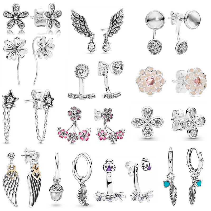 

New Luxury 925 Silver Stud Earrings Designer Original Fit Pandora Love Flower Circle Pendant Ladies Fashion Trend Earrings Feather Shaped DIY Gifts for Women