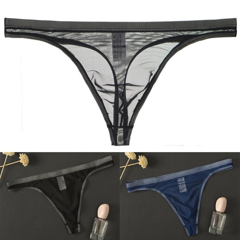 Underpants Men Ultra-Thin T-Back Sexy Sheer Mesh Ice Silk Thongs Gay Underwear Bikini Briefs Low Waist Seduction UnderpantiesUnderpants-image-784682766